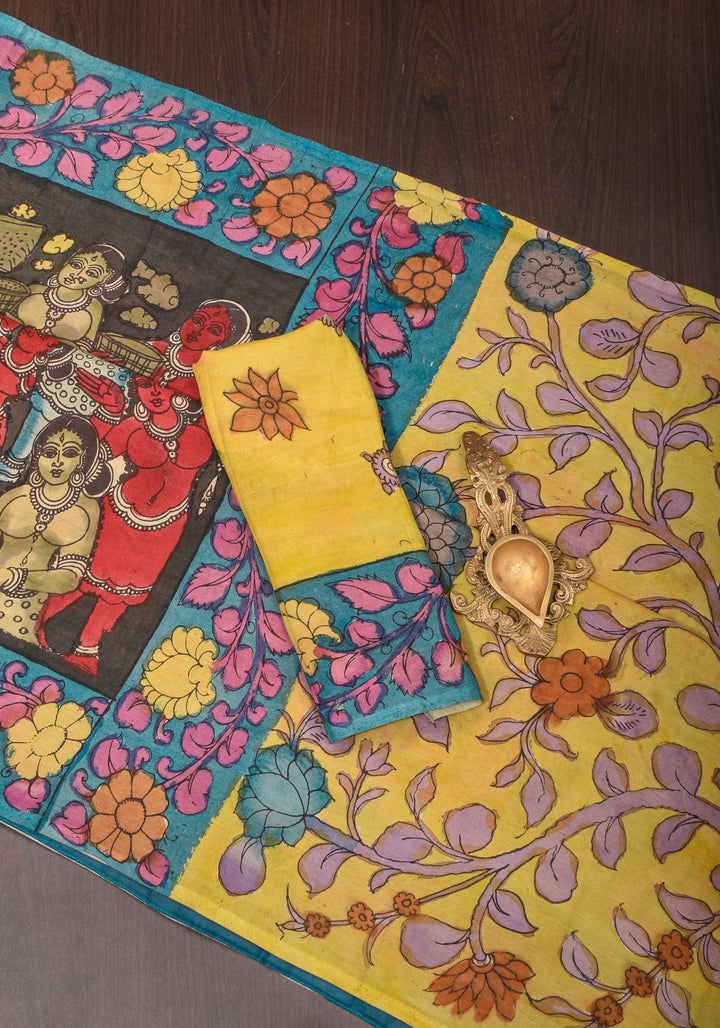Black Authentic Pen Kalamkari on pure Assam Silk with Dancers and Tree of Life Pallu | SILK MARKED CERTIFIED