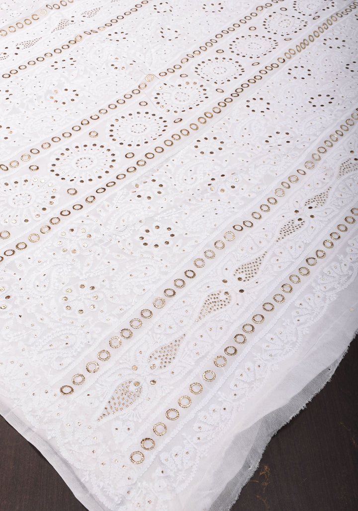 Exquisite and Authentic Hand Mukesh embellishments on White  Pure Georgette Sareeg work
