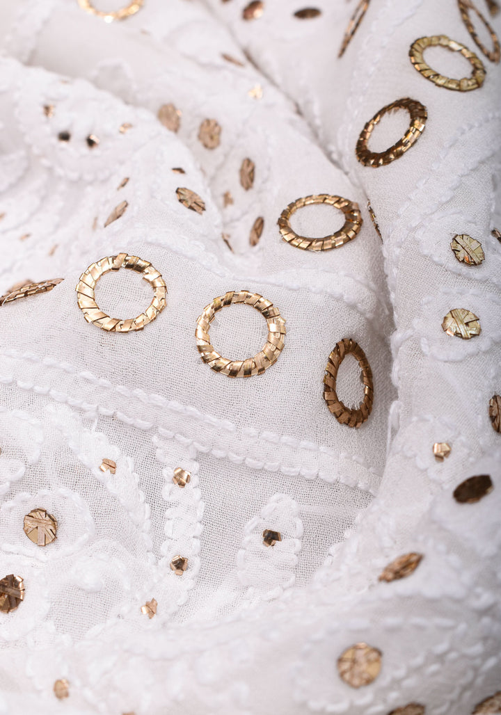Exquisite and Authentic Hand Mukesh embellishments on White  Pure Georgette Sareeg work