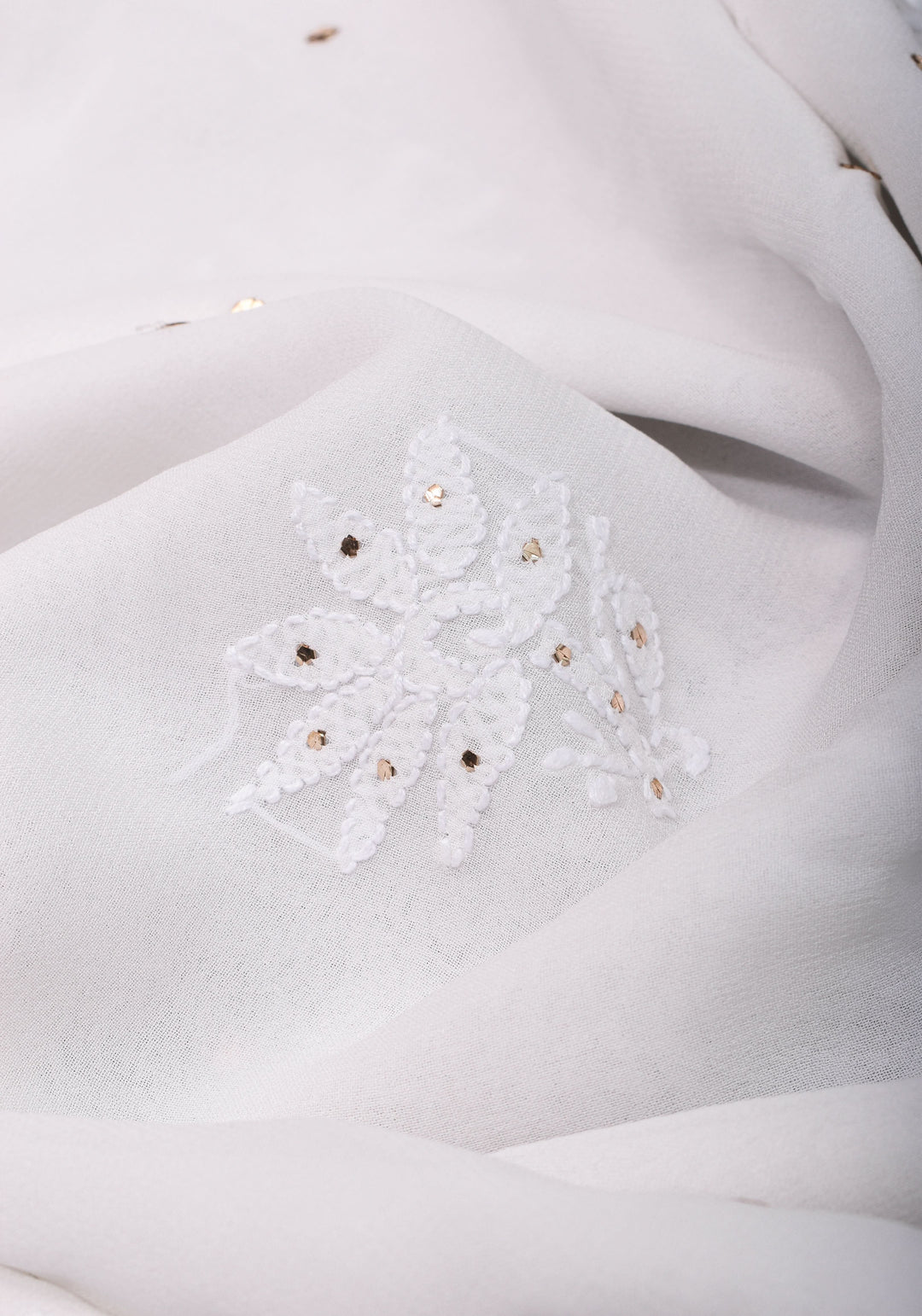 Exquisite and Authentic Hand Mukesh embellishments on White  Pure Georgette Sareeg work