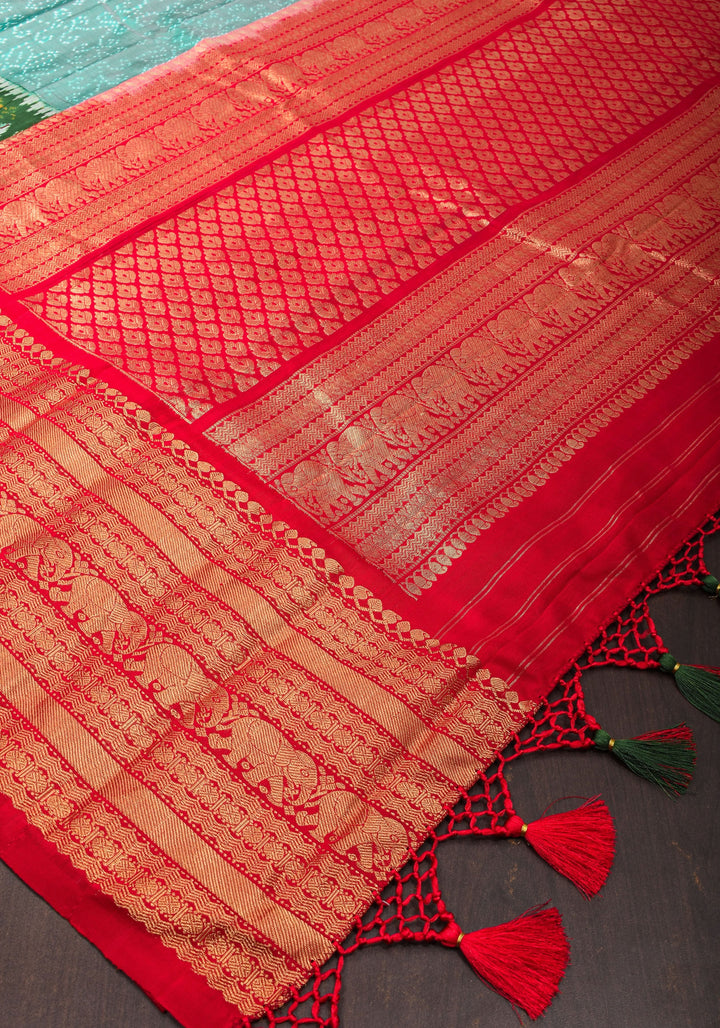 Teal Dual Tone Stunning Ikkat Patola Kanjivaram Fusion Silk Saree with Panel design and wide Zari Border | SILK MARK CERTIFIED
