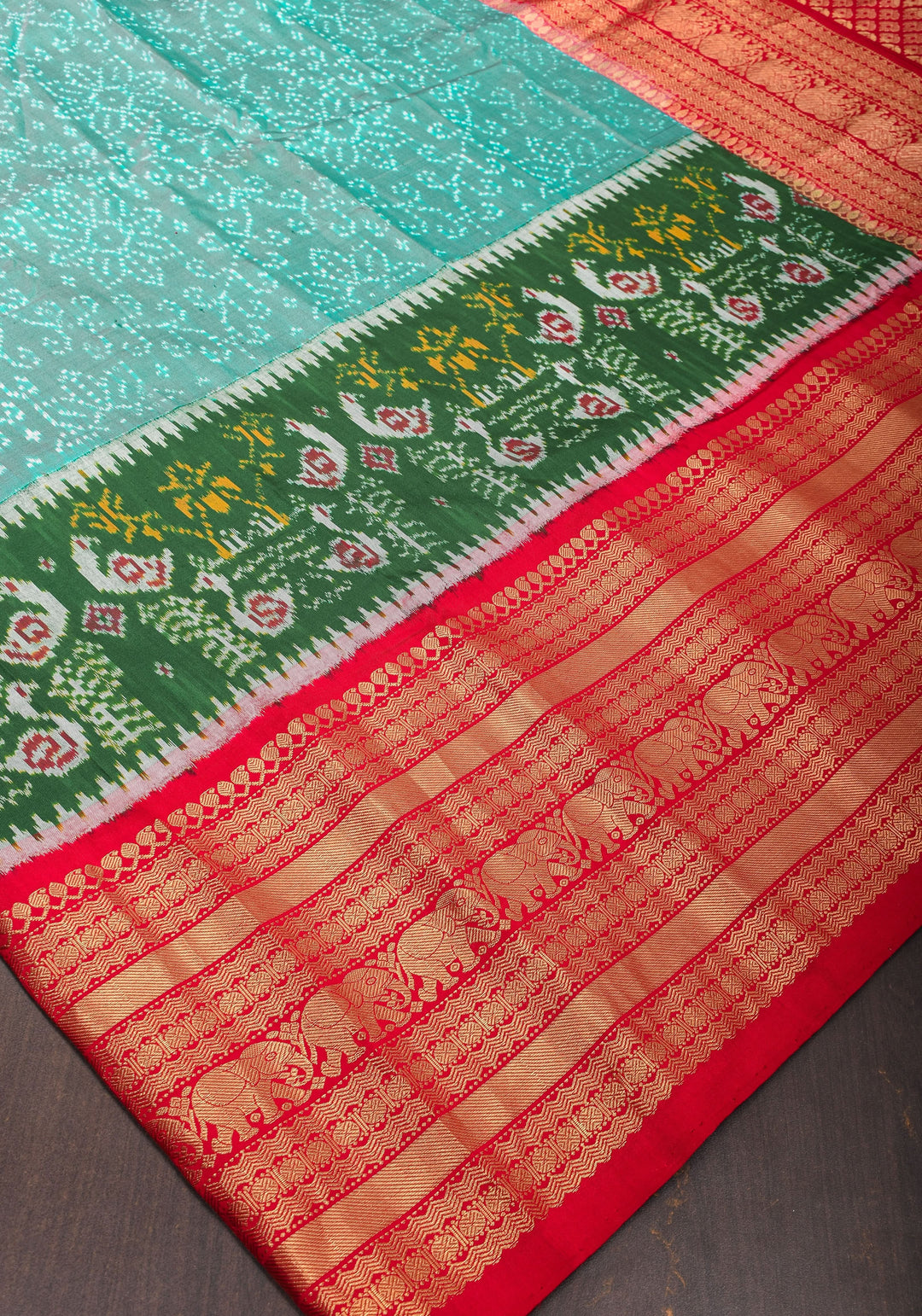 Teal Dual Tone Stunning Ikkat Patola Kanjivaram Fusion Silk Saree with Panel design and wide Zari Border | SILK MARK CERTIFIED
