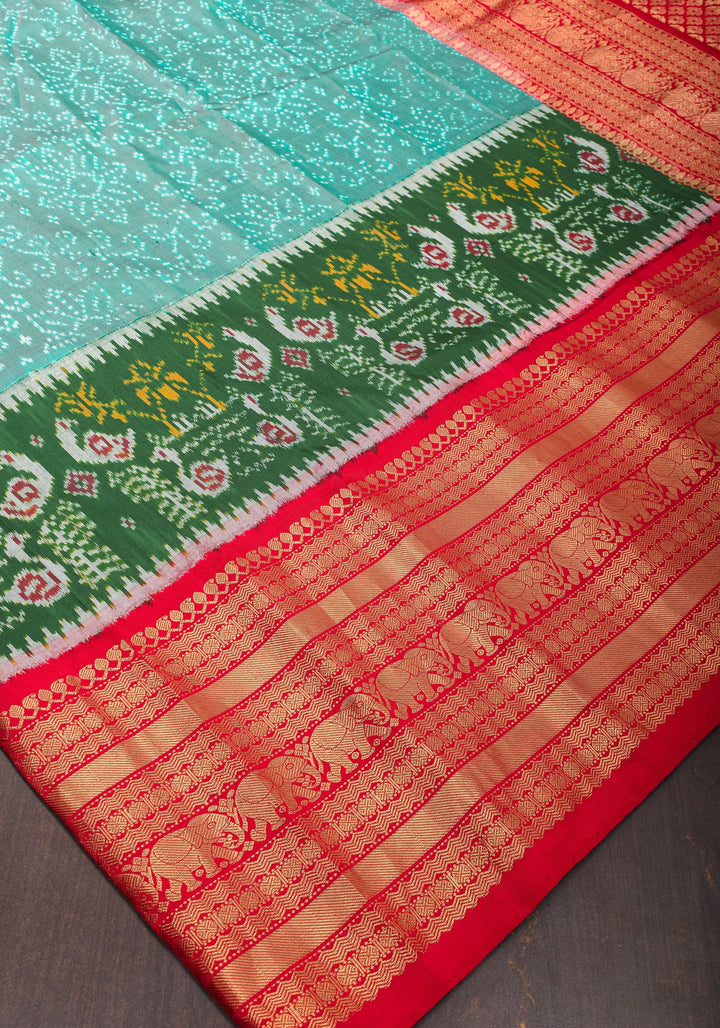 Teal Dual Tone Stunning Ikkat Patola Kanjivaram Fusion Silk Saree with Panel design and wide Zari Border | SILK MARK CERTIFIED