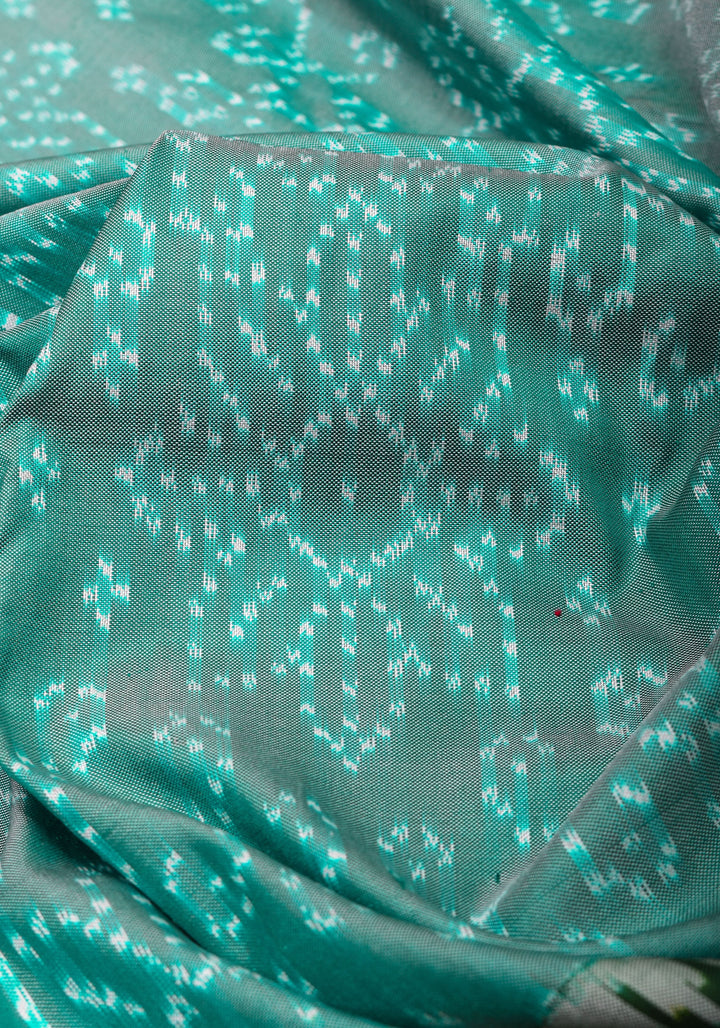 Teal Dual Tone Stunning Ikkat Patola Kanjivaram Fusion Silk Saree with Panel design and wide Zari Border | SILK MARK CERTIFIED