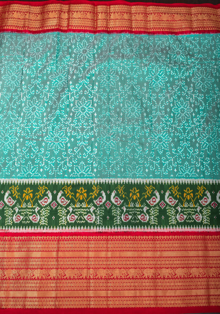 Teal Dual Tone Stunning Ikkat Patola Kanjivaram Fusion Silk Saree with Panel design and wide Zari Border | SILK MARK CERTIFIED