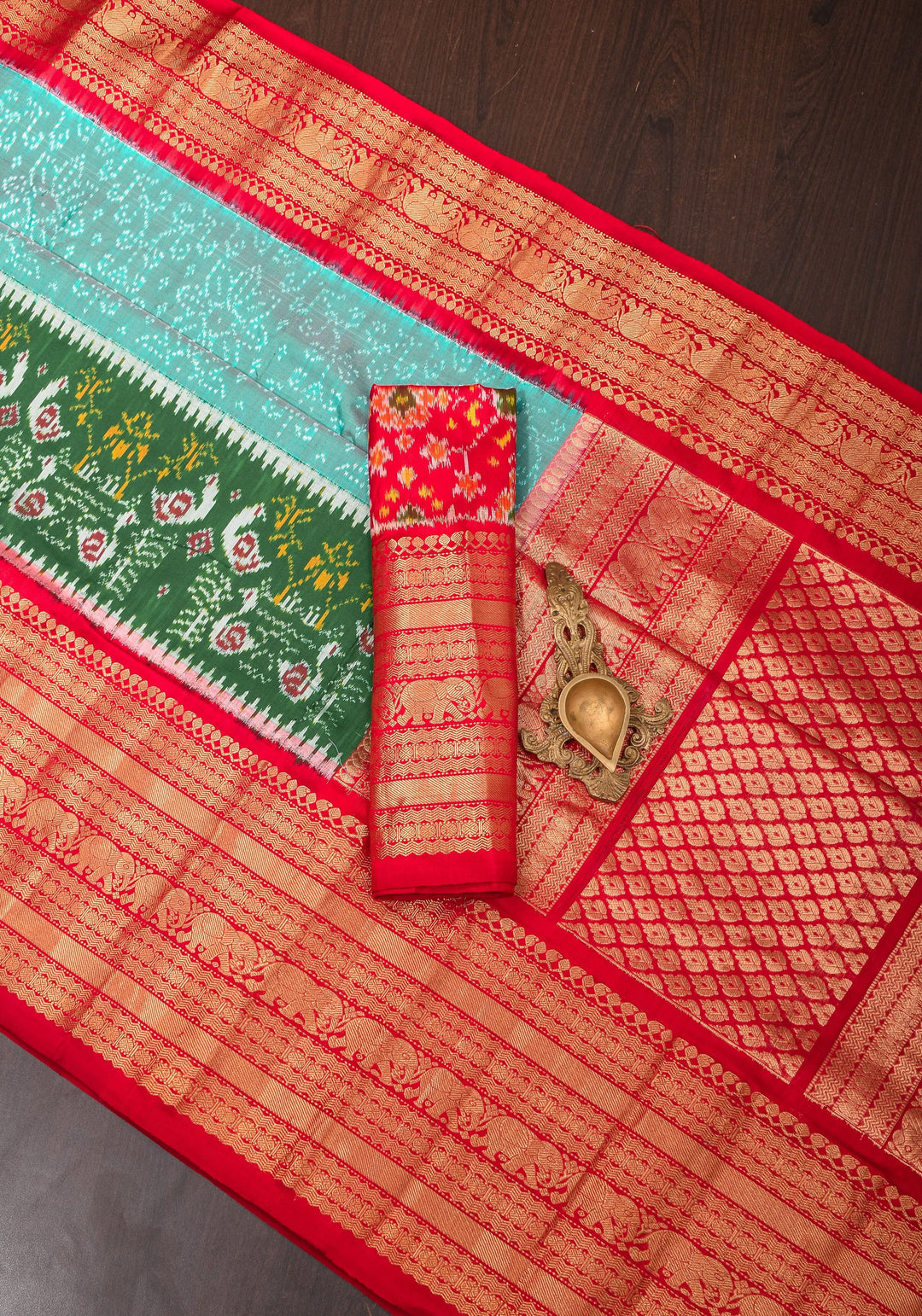 Teal Dual Tone Stunning Ikkat Patola Kanjivaram Fusion Silk Saree with Panel design and wide Zari Border | SILK MARK CERTIFIED