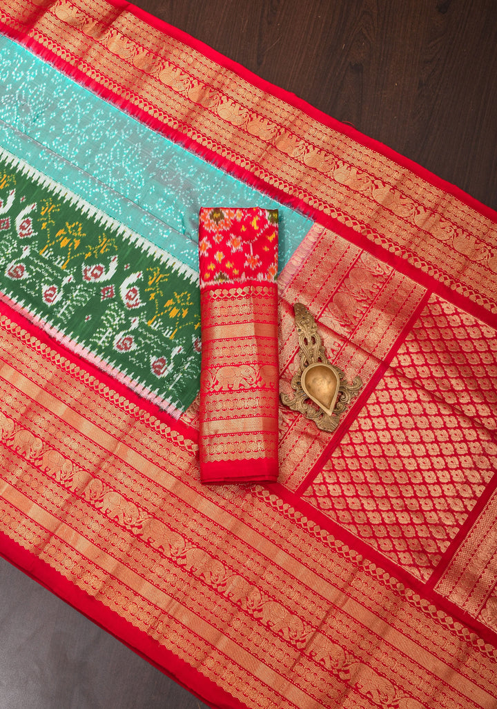 Teal Dual Tone Stunning Ikkat Patola Kanjivaram Fusion Silk Saree with Panel design and wide Zari Border | SILK MARK CERTIFIED