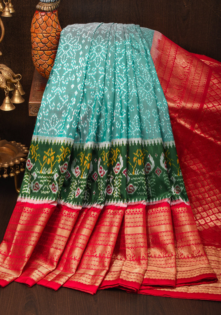 Teal Dual Tone Stunning Ikkat Patola Kanjivaram Fusion Silk Saree with Panel design and wide Zari Border | SILK MARK CERTIFIED