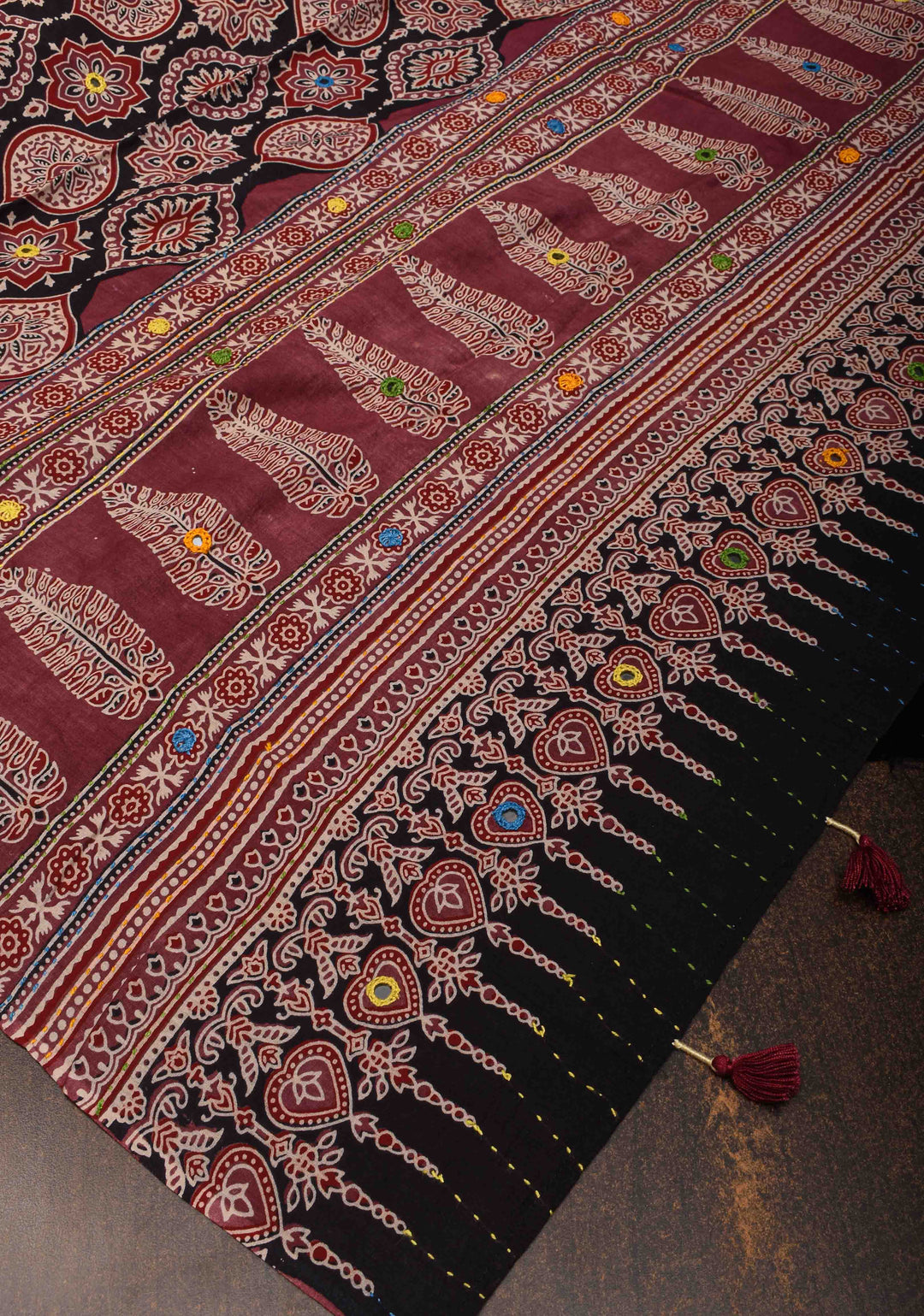 Dupatta: Black Cotton Dupatta with Ajrakh Print and Mirror Embroidery Work