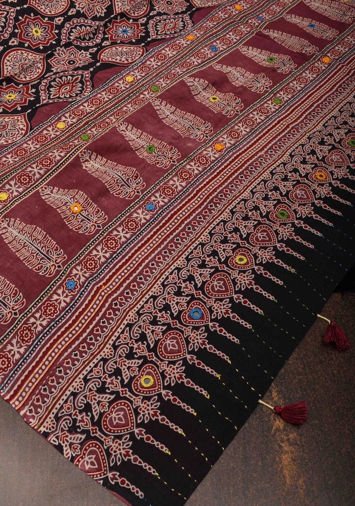 Dupatta: Black Cotton Dupatta with Ajrakh Print and Mirror Embroidery Work