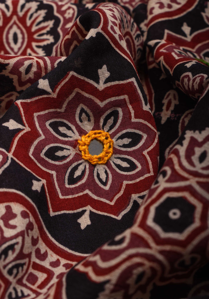 Dupatta: Black Cotton Dupatta with Ajrakh Print and Mirror Embroidery Work