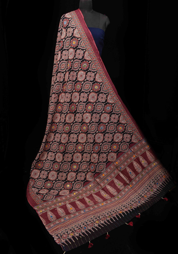 Dupatta: Black Cotton Dupatta with Ajrakh Print and Mirror Embroidery Work