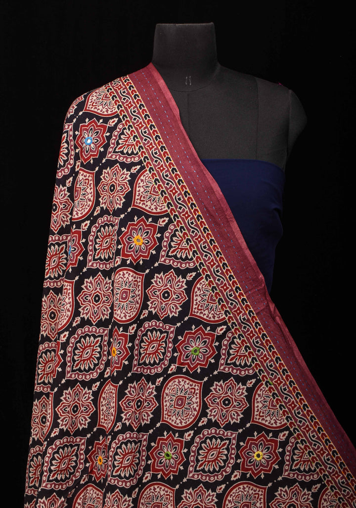Dupatta: Black Cotton Dupatta with Ajrakh Print and Mirror Embroidery Work