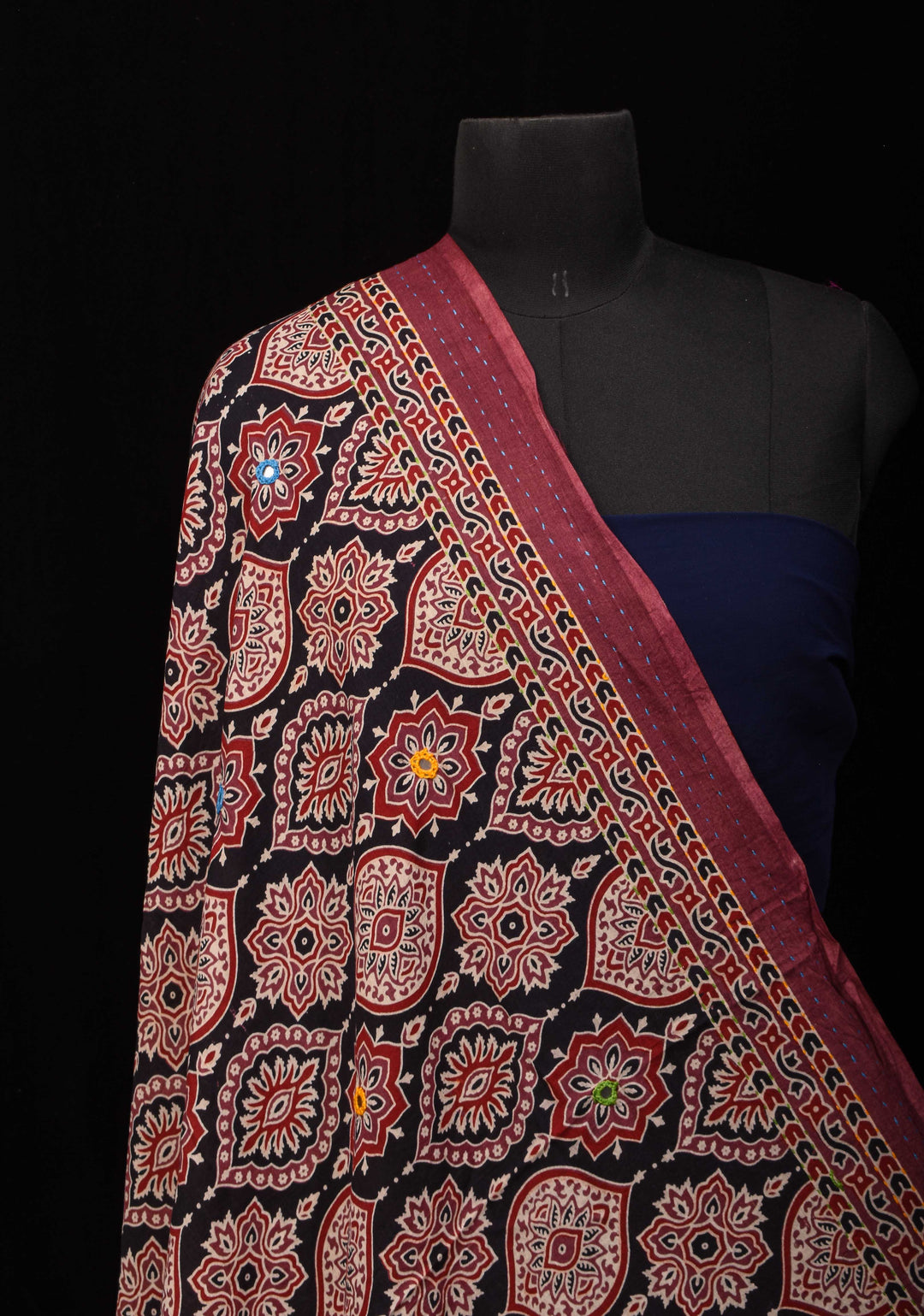 Dupatta: Black Cotton Dupatta with Ajrakh Print and Mirror Embroidery Work