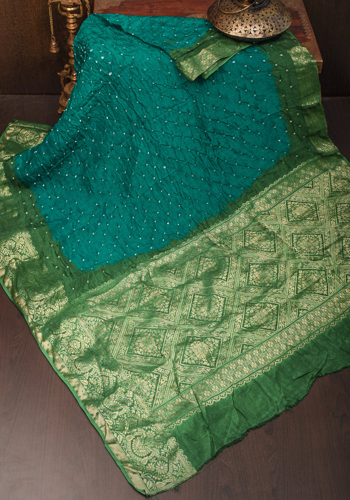 Rama Green Hand Bandhini on Art Silk and Green Zari Border