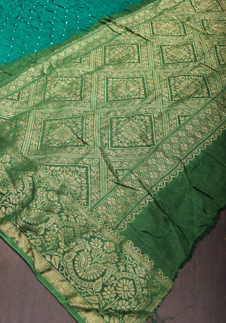 Rama Green Hand Bandhini on Art Silk and Green Zari Border