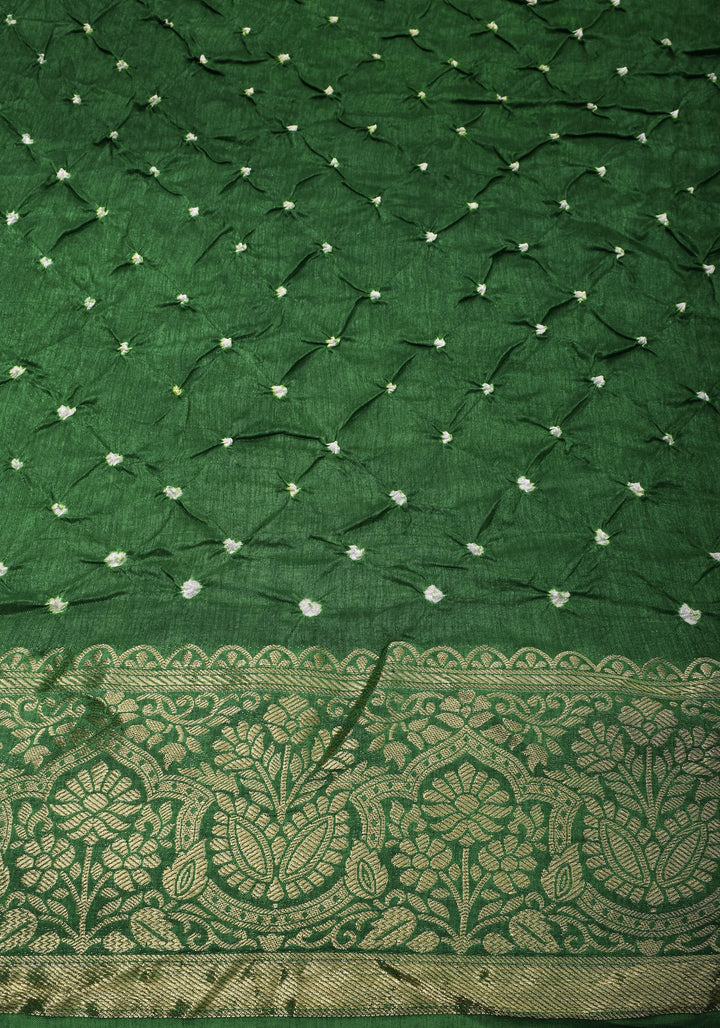 Rama Green Hand Bandhini on Art Silk and Green Zari Border