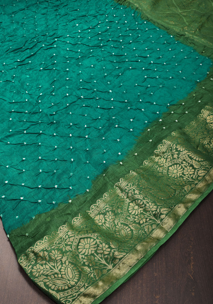 Rama Green Hand Bandhini on Art Silk and Green Zari Border