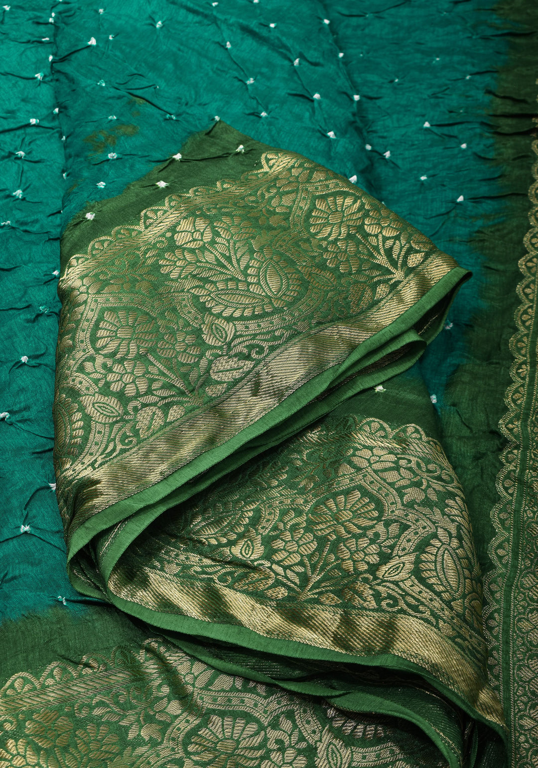 Rama Green Hand Bandhini on Art Silk and Green Zari Border