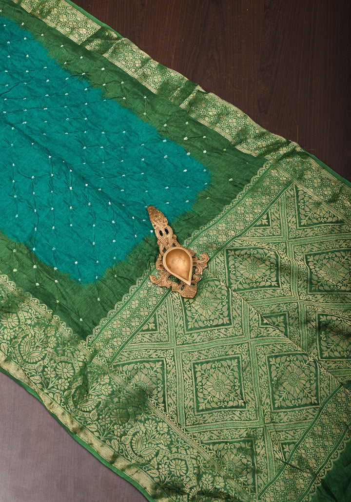 Rama Green Hand Bandhini on Art Silk and Green Zari Border