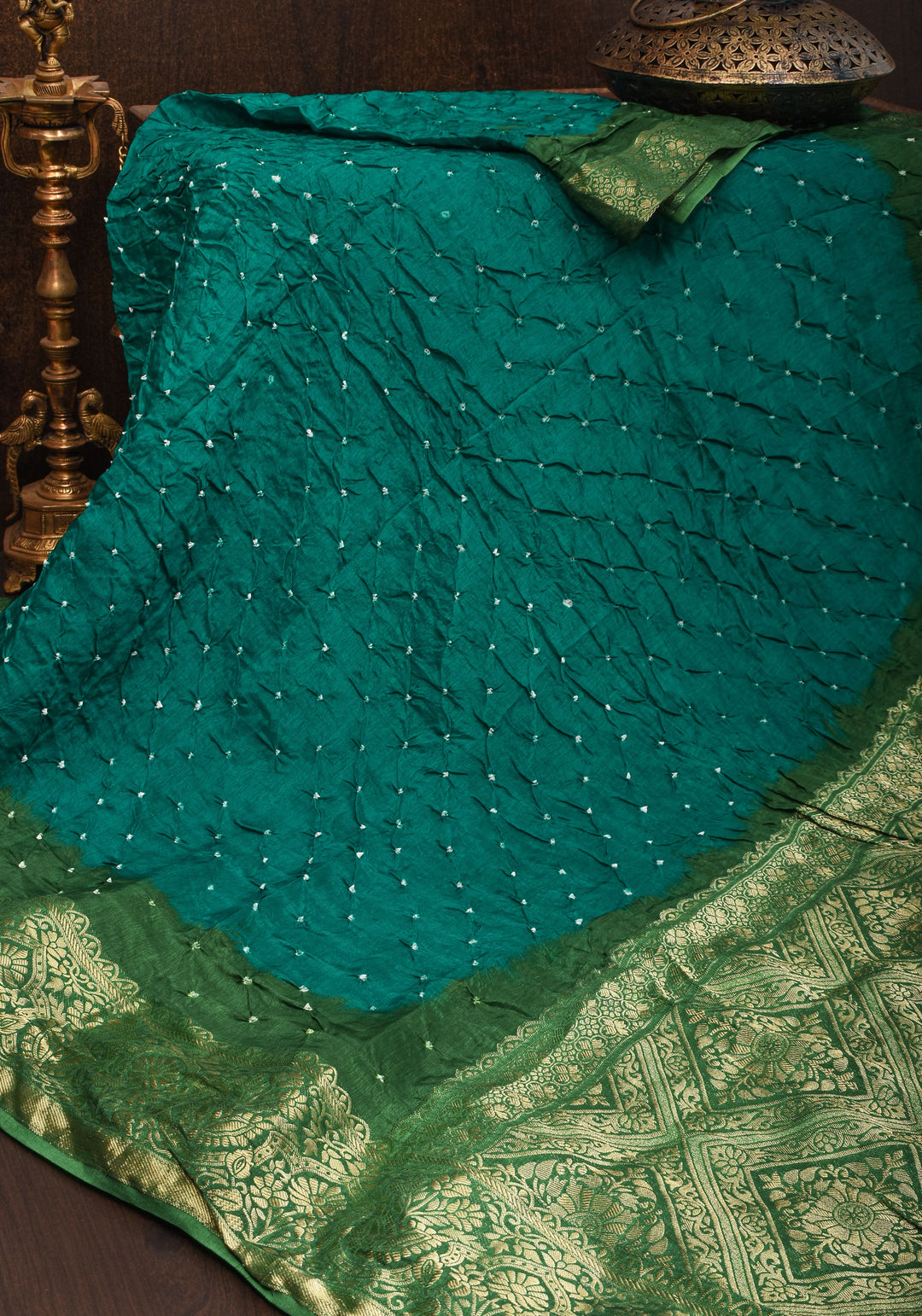 Rama Green Hand Bandhini on Art Silk and Green Zari Border