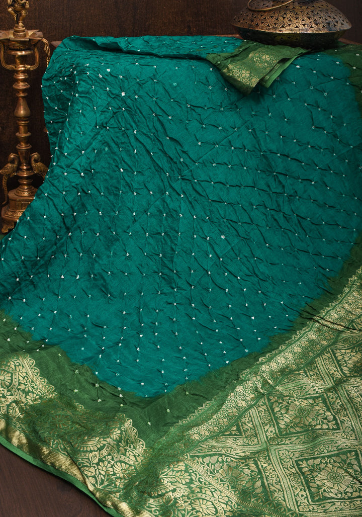 Rama Green Hand Bandhini on Art Silk and Green Zari Border