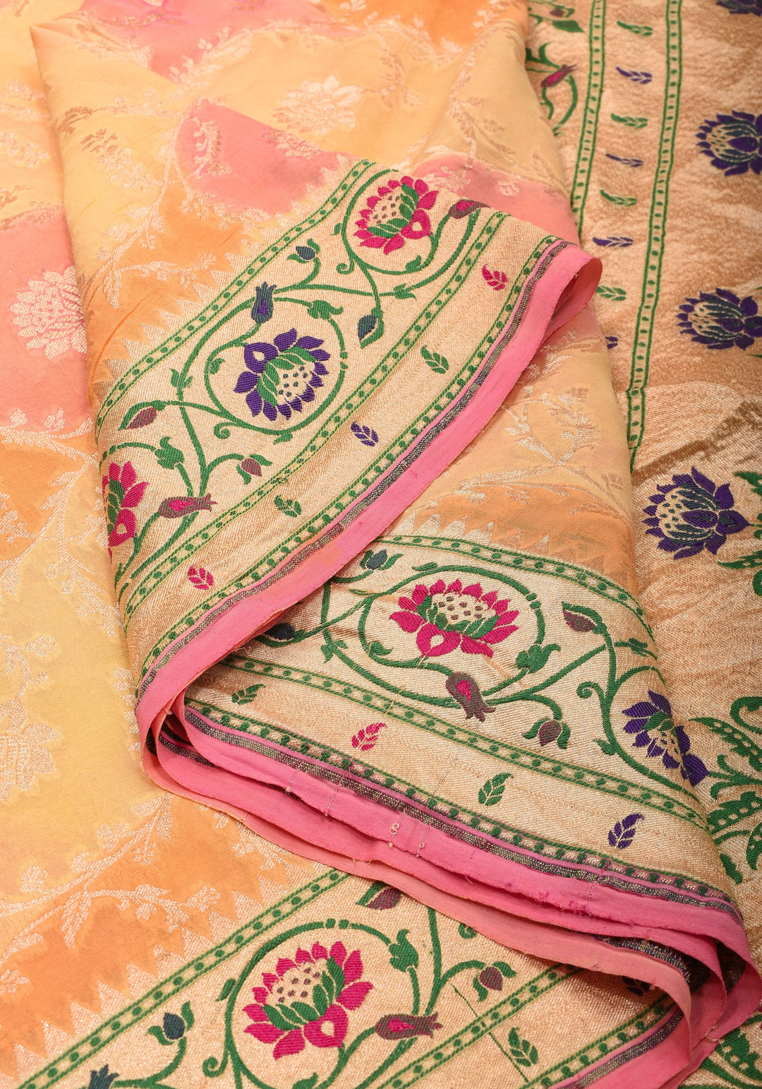 Multicolor Brush Dye Jaal Banarasi Pure Silk Georgette Saree with Paithani Border | SILK MARK CERTIFIED | SHOBITAM