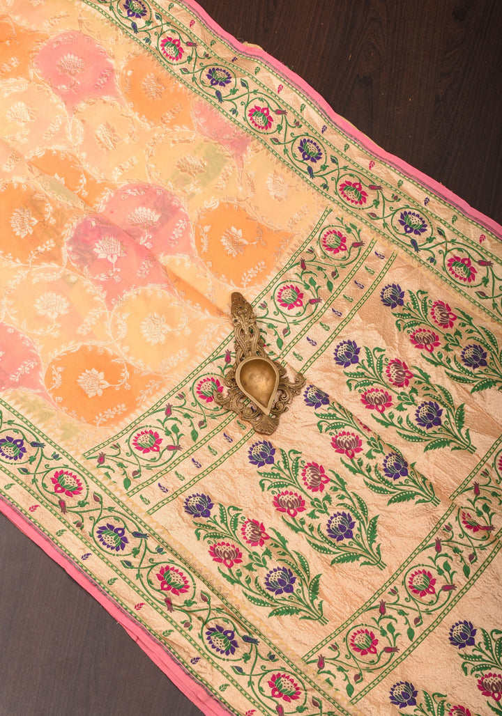 Multicolor Brush Dye Jaal Banarasi Pure Silk Georgette Saree with Paithani Border | SILK MARK CERTIFIED | SHOBITAM