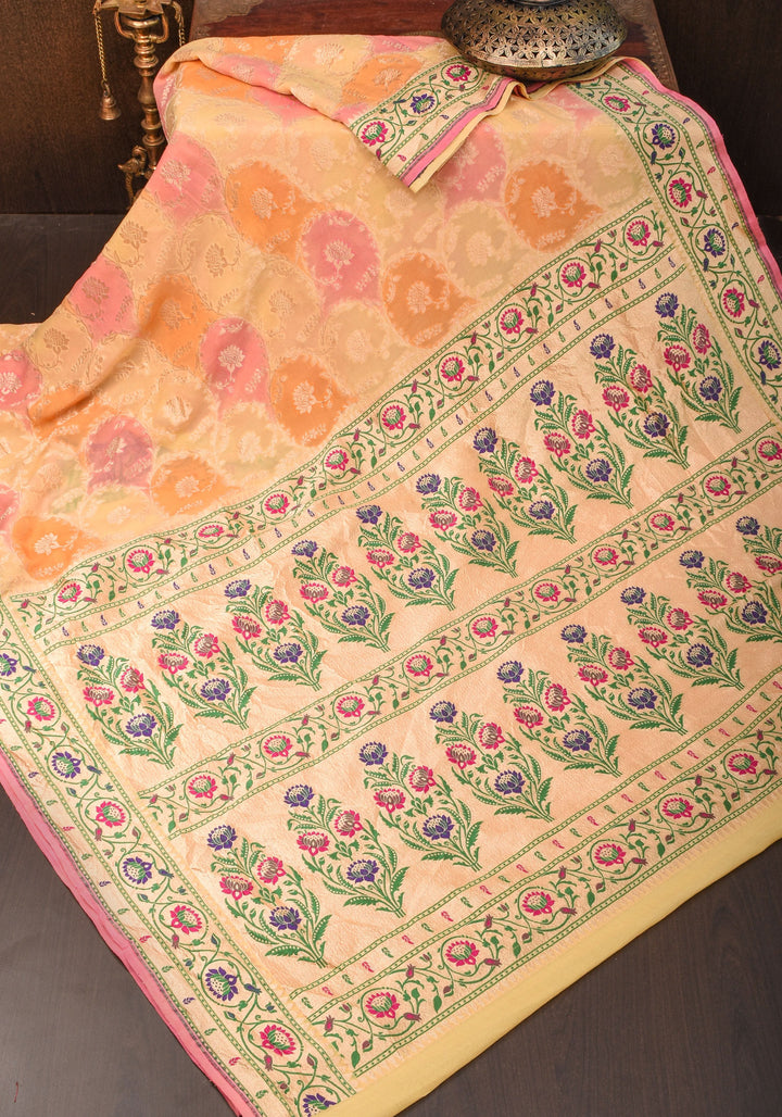 Multicolor Brush Dye Jaal Banarasi Pure Silk Georgette Saree with Paithani Border | SILK MARK CERTIFIED | SHOBITAM