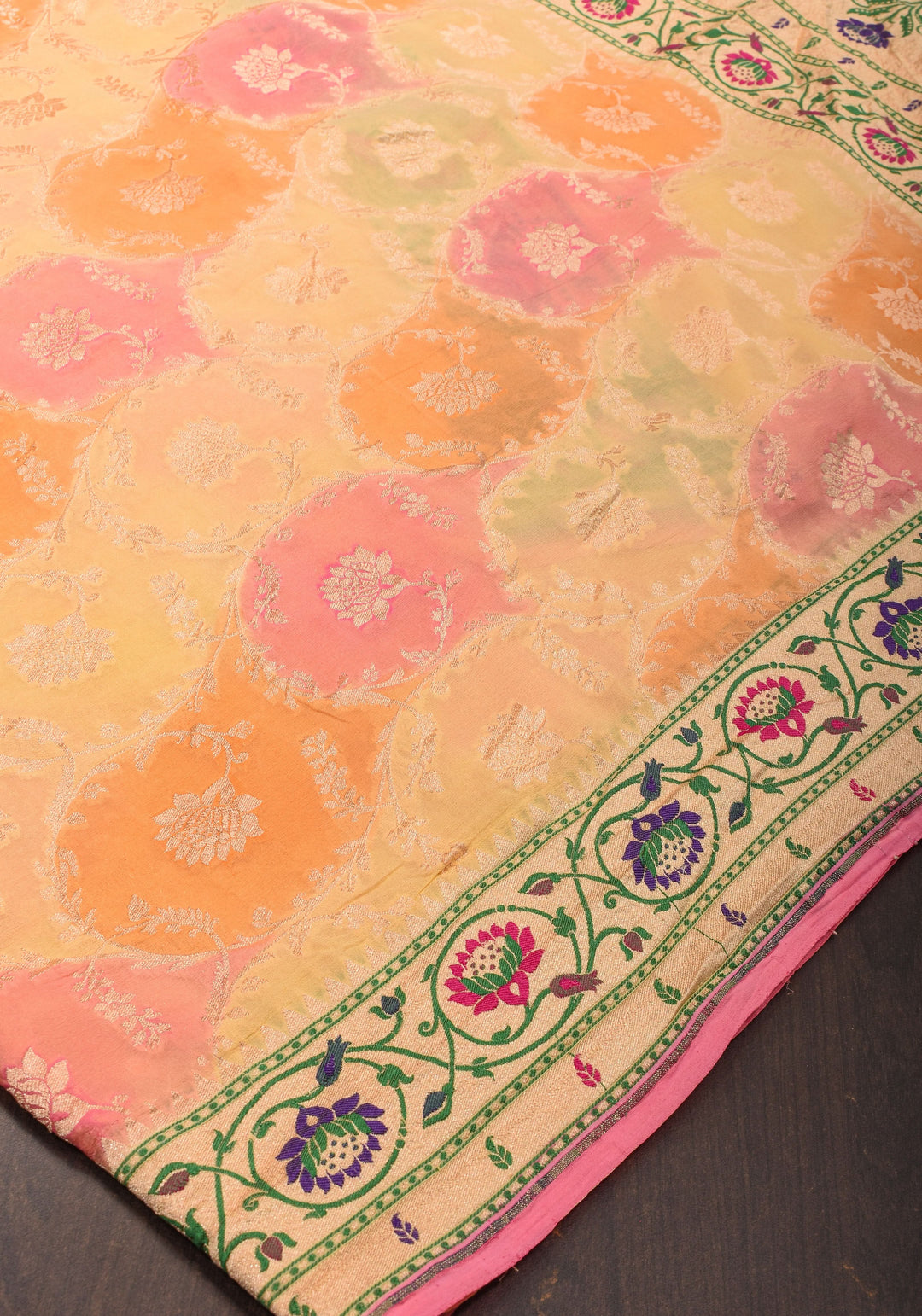 Multicolor Brush Dye Jaal Banarasi Pure Silk Georgette Saree with Paithani Border | SILK MARK CERTIFIED | SHOBITAM