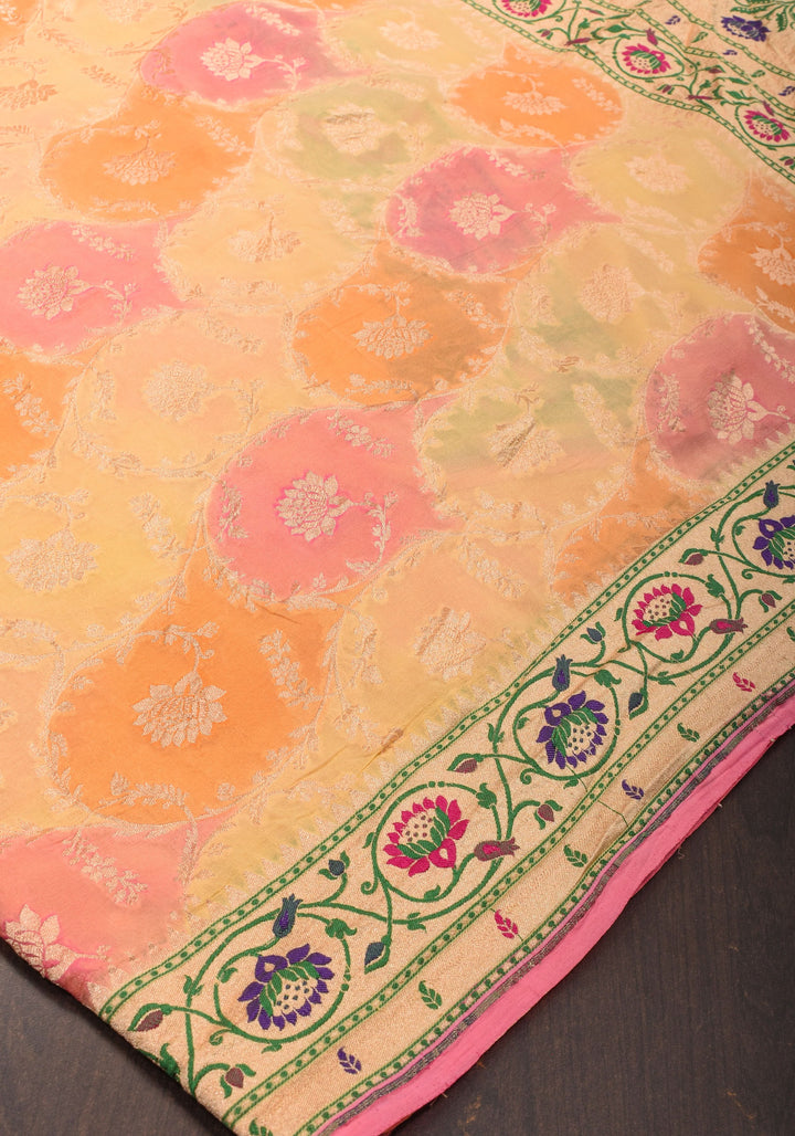 Multicolor Brush Dye Jaal Banarasi Pure Silk Georgette Saree with Paithani Border | SILK MARK CERTIFIED | SHOBITAM