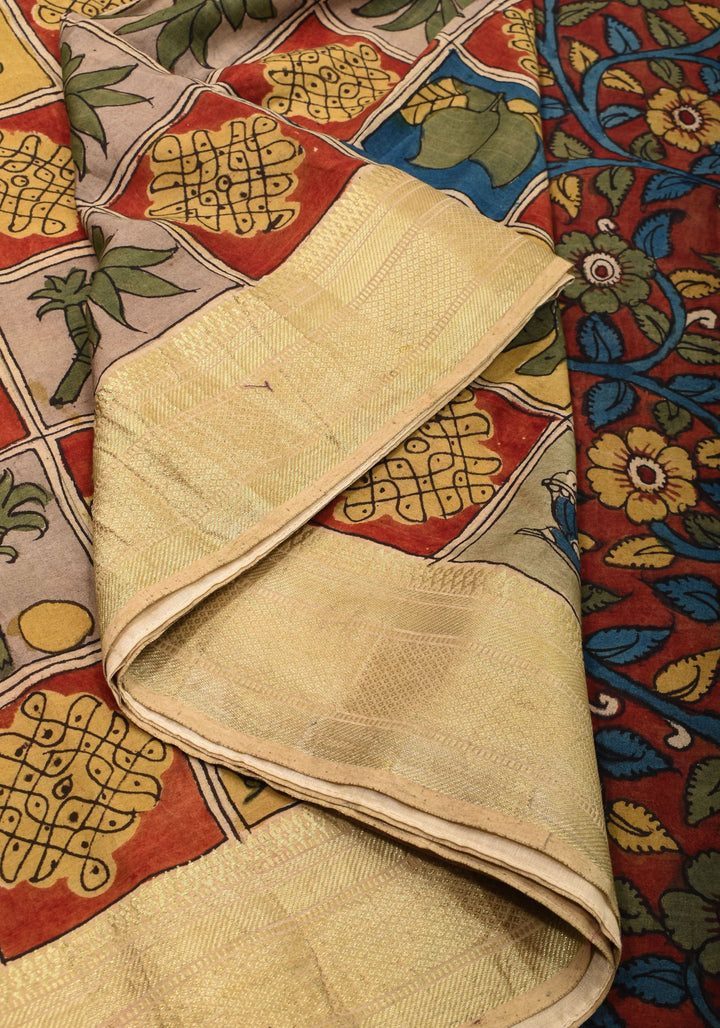 Authentic Pen Kalamkari on pure Assam Silk with Collage theme  | SILK MARKED CERTIFIED