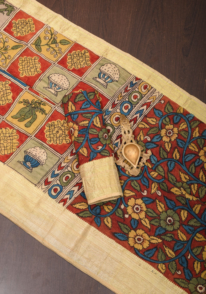 Authentic Pen Kalamkari on pure Assam Silk with Collage theme  | SILK MARKED CERTIFIED