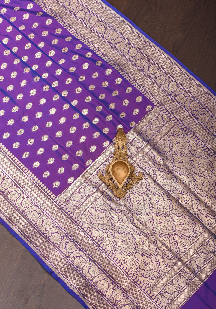 Dual tone Purple-blue Pure Katan Silk Banarasi Saree with Dense Buttas| SILK MARK CERTIFIED