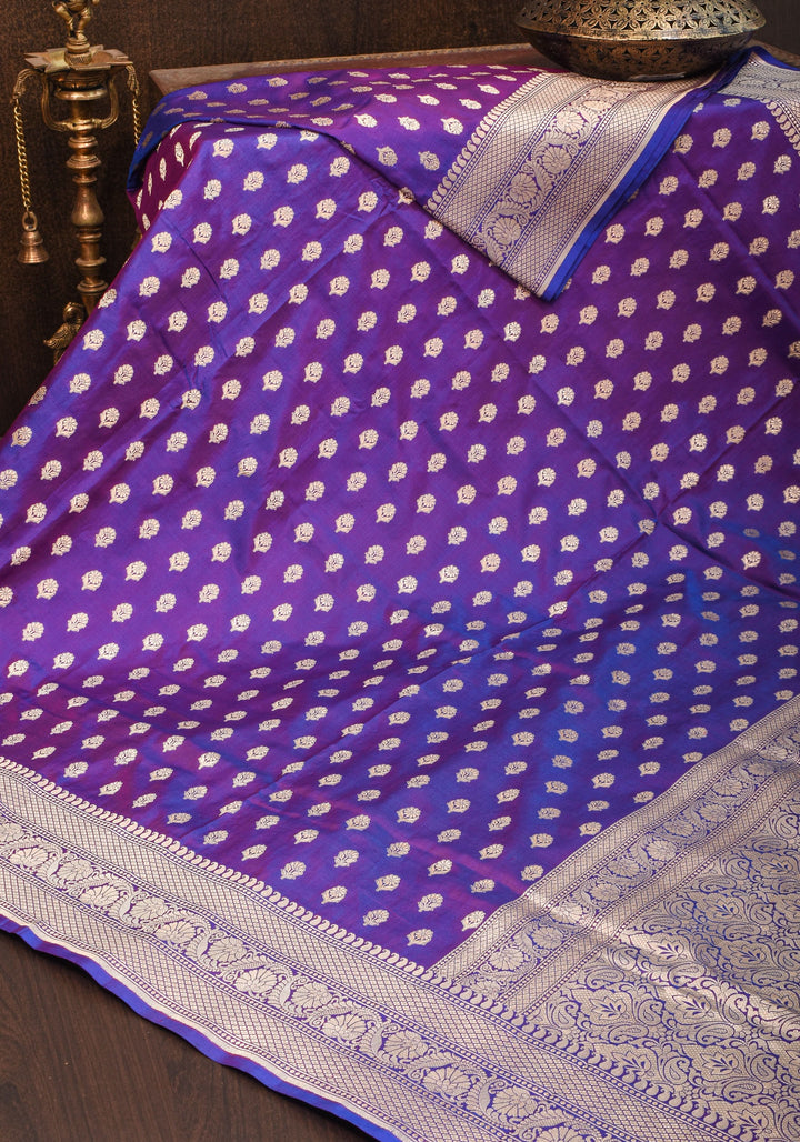 Dual tone Purple-blue Pure Katan Silk Banarasi Saree with Dense Buttas| SILK MARK CERTIFIED