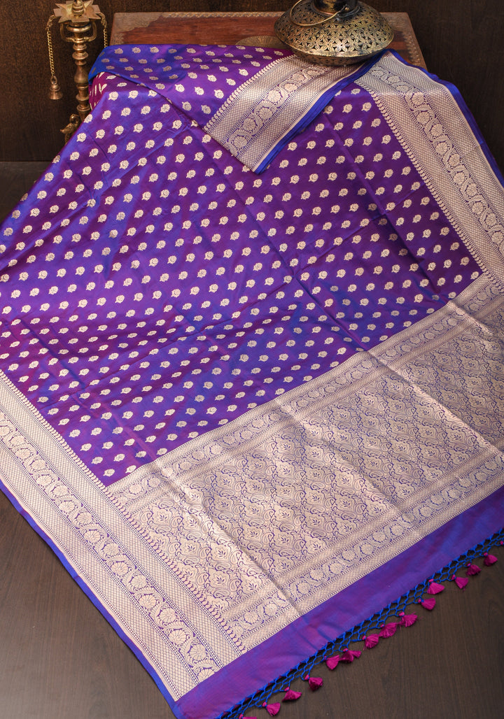 Dual tone Purple-blue Pure Katan Silk Banarasi Saree with Dense Buttas| SILK MARK CERTIFIED