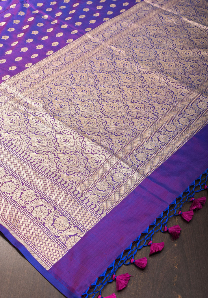 Dual tone Purple-blue Pure Katan Silk Banarasi Saree with Dense Buttas| SILK MARK CERTIFIED