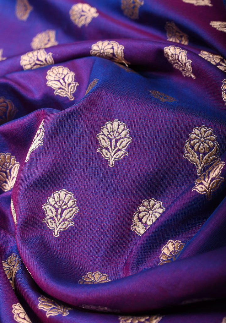 Dual tone Purple-blue Pure Katan Silk Banarasi Saree with Dense Buttas| SILK MARK CERTIFIED