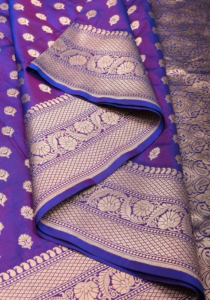 Dual tone Purple-blue Pure Katan Silk Banarasi Saree with Dense Buttas| SILK MARK CERTIFIED