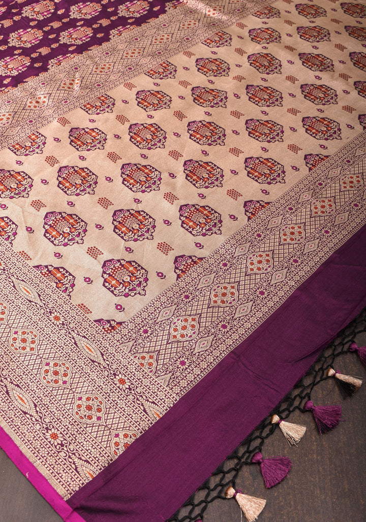Unique Aubergine Intricate Banarasi Katan silk saree with Meenakari Jaal  | SILK MARK CERTIFIED
