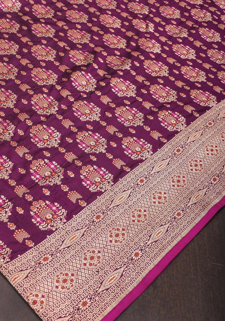 Unique Aubergine Intricate Banarasi Katan silk saree with Meenakari Jaal  | SILK MARK CERTIFIED