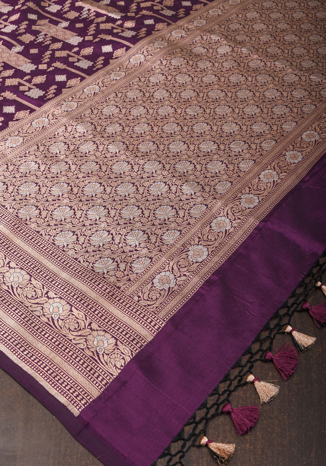 Contemporary Geometric Alfi jaal on Jamuni Purple Banarasi Katan Silk Saree | SILK MARK CERTIFIED