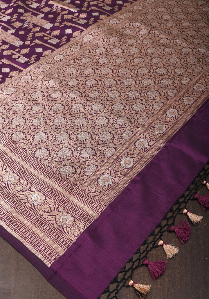 Contemporary Geometric Alfi jaal on Jamuni Purple Banarasi Katan Silk Saree | SILK MARK CERTIFIED