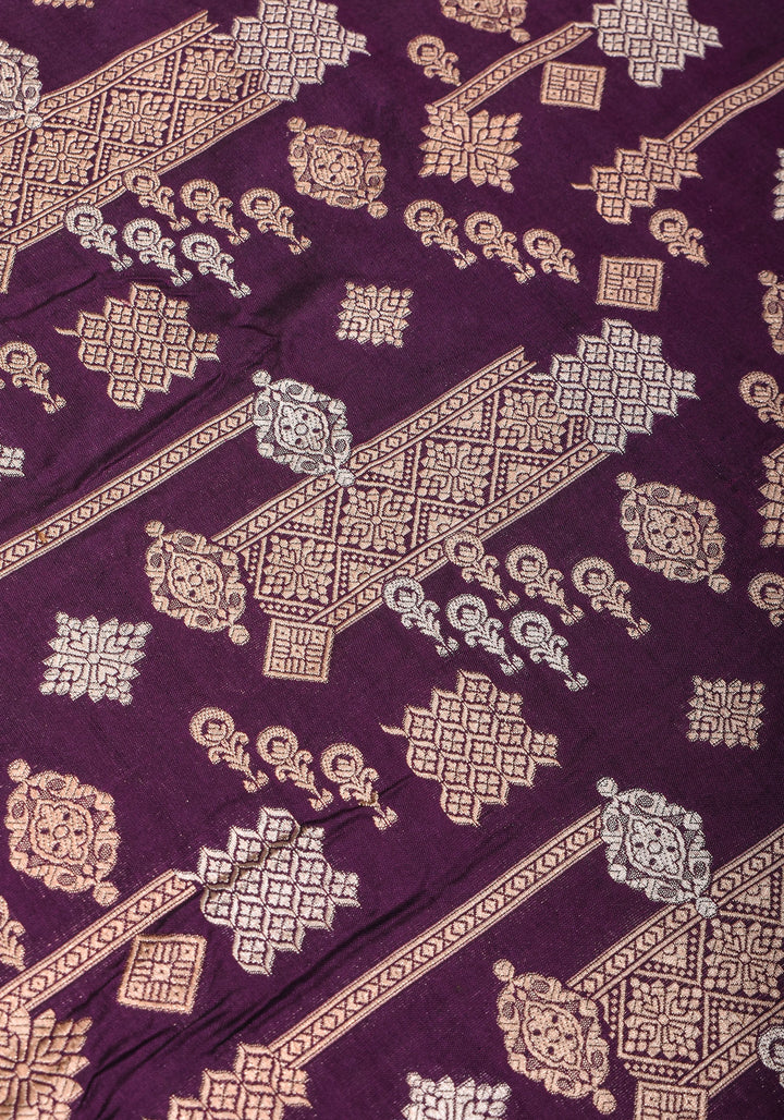 Contemporary Geometric Alfi jaal on Jamuni Purple Banarasi Katan Silk Saree | SILK MARK CERTIFIED