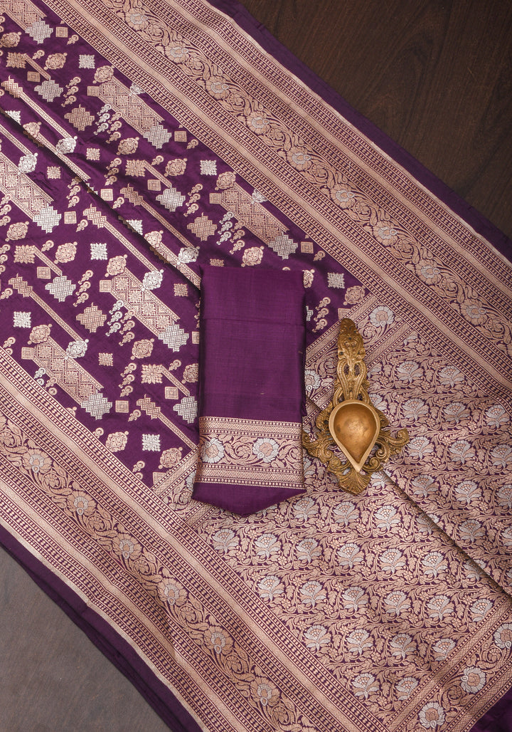 Contemporary Geometric Alfi jaal on Jamuni Purple Banarasi Katan Silk Saree | SILK MARK CERTIFIED