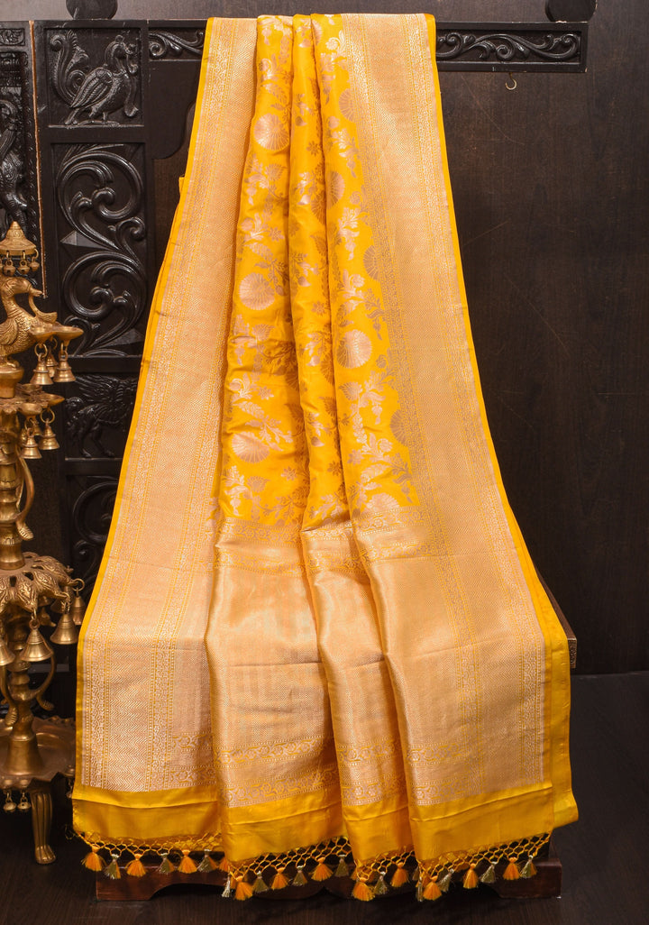 Yellow Banarasi Linen Floral jaal Saree with Zari border