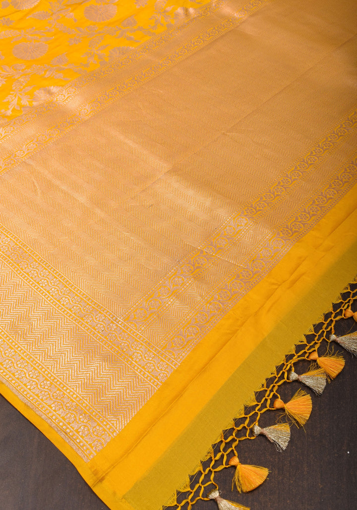 Yellow Banarasi Linen Floral jaal Saree with Zari border