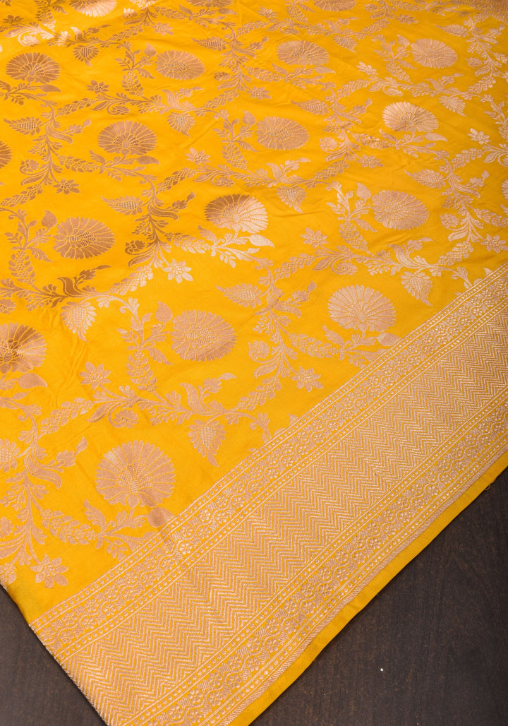 Yellow Banarasi Linen Floral jaal Saree with Zari border