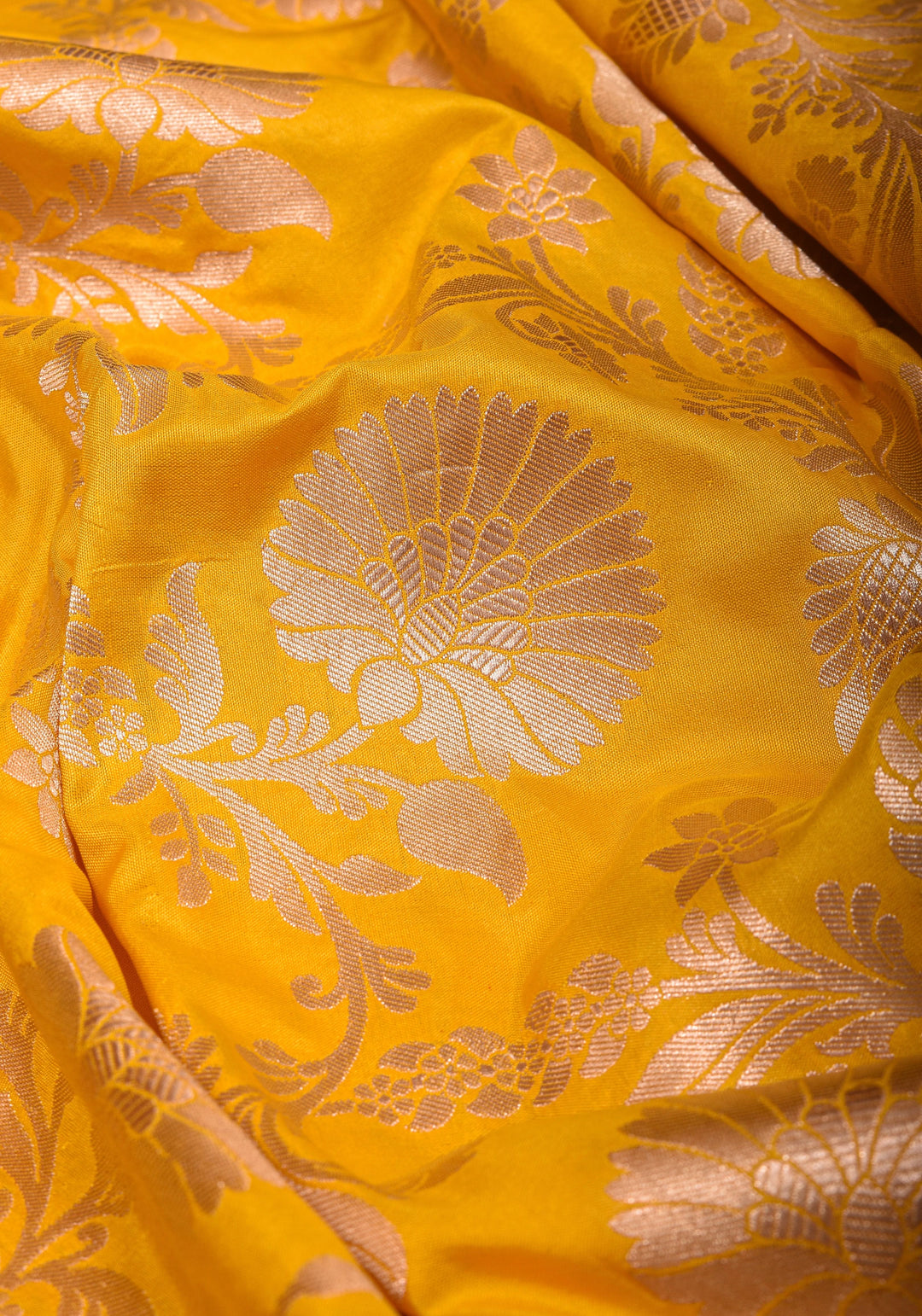Yellow Banarasi Linen Floral jaal Saree with Zari border
