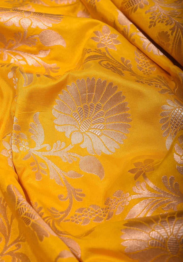 Yellow Banarasi Linen Floral jaal Saree with Zari border